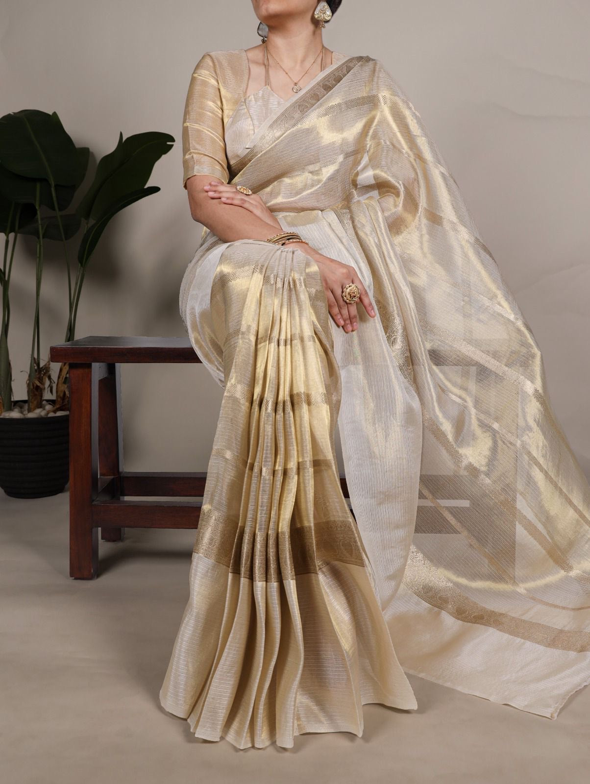 Golden Tissue Plain Kasavu Saree with Running Blouse | Saree length: 6.25 Meters | Blouse: unstitched material included