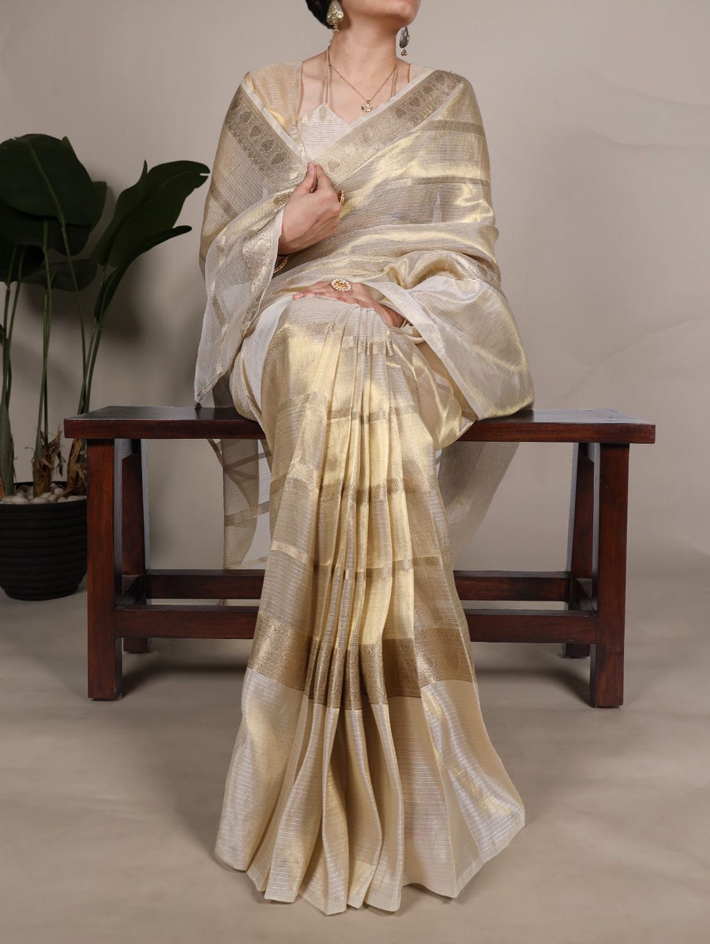 Golden Tissue Plain Kasavu Saree with Running Blouse | Saree length: 6.25 Meters | Blouse: unstitched material included