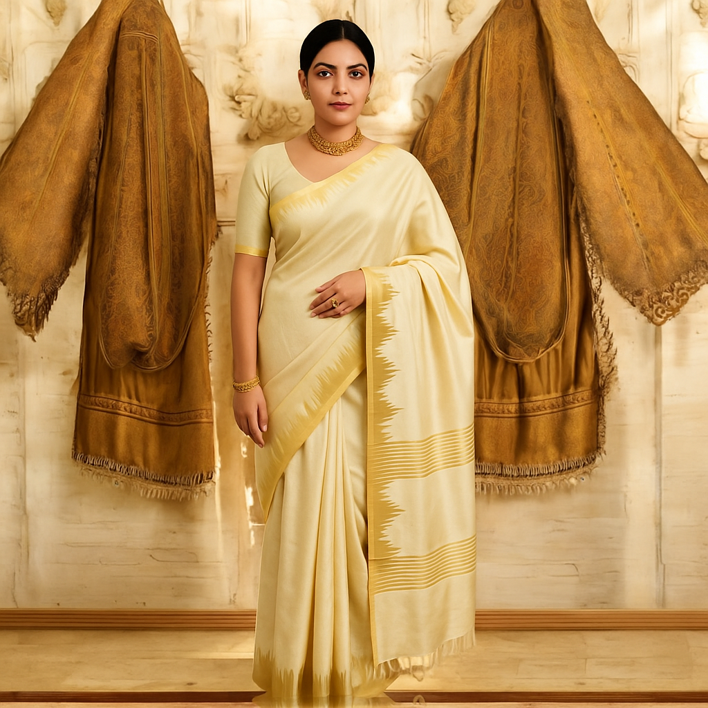 Kerala Kasavu Golden Tissue Plain Saree with Running Blouse | Saree length: 6.25 Meters | Blouse: unstitched material included