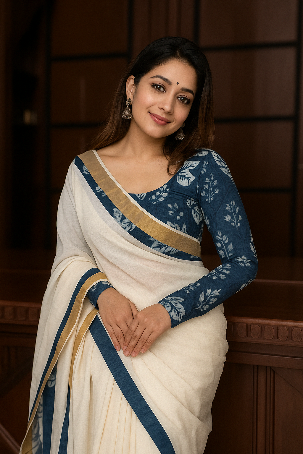 Onam Special Plain Linen Kerala Kasavu Saree with Digital Print (Blue)