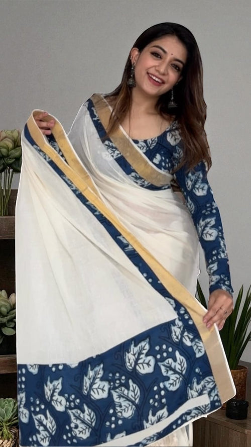 Onam Special Plain Linen Kerala Kasavu Saree with Digital Print (Blue)