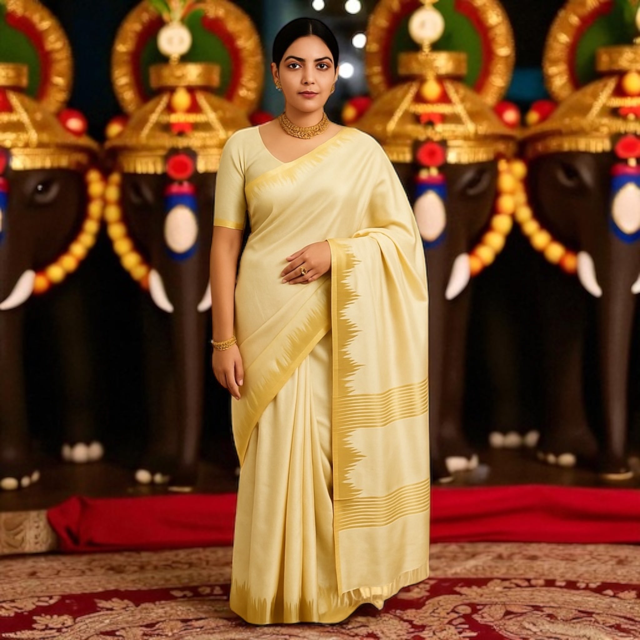 Kerala Kasavu Golden Tissue Plain Saree with Running Blouse | Saree length: 6.25 Meters | Blouse: unstitched material included
