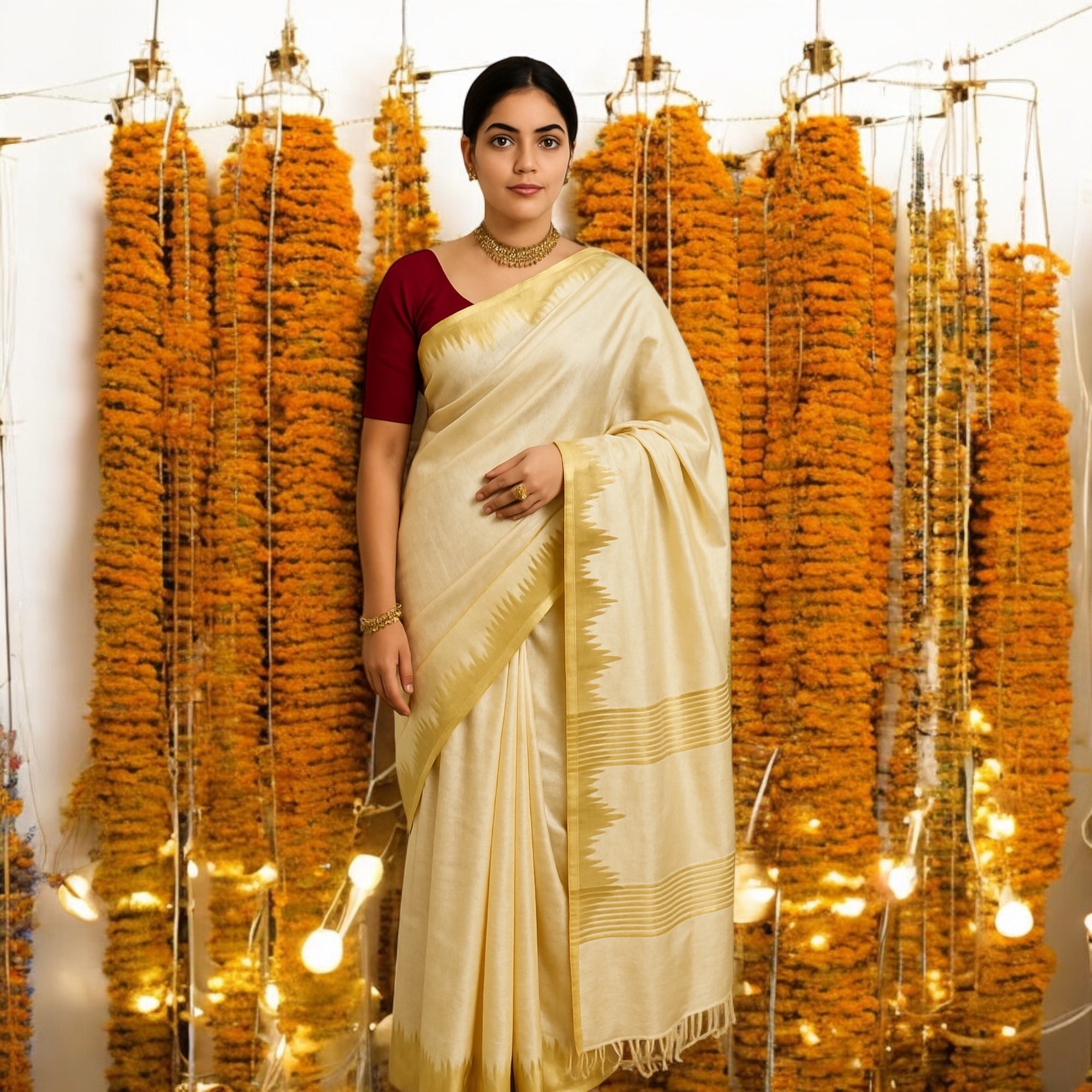 Kerala Kasavu Golden Tissue Plain Saree with Running Blouse | Saree length: 6.25 Meters | Blouse: unstitched material included