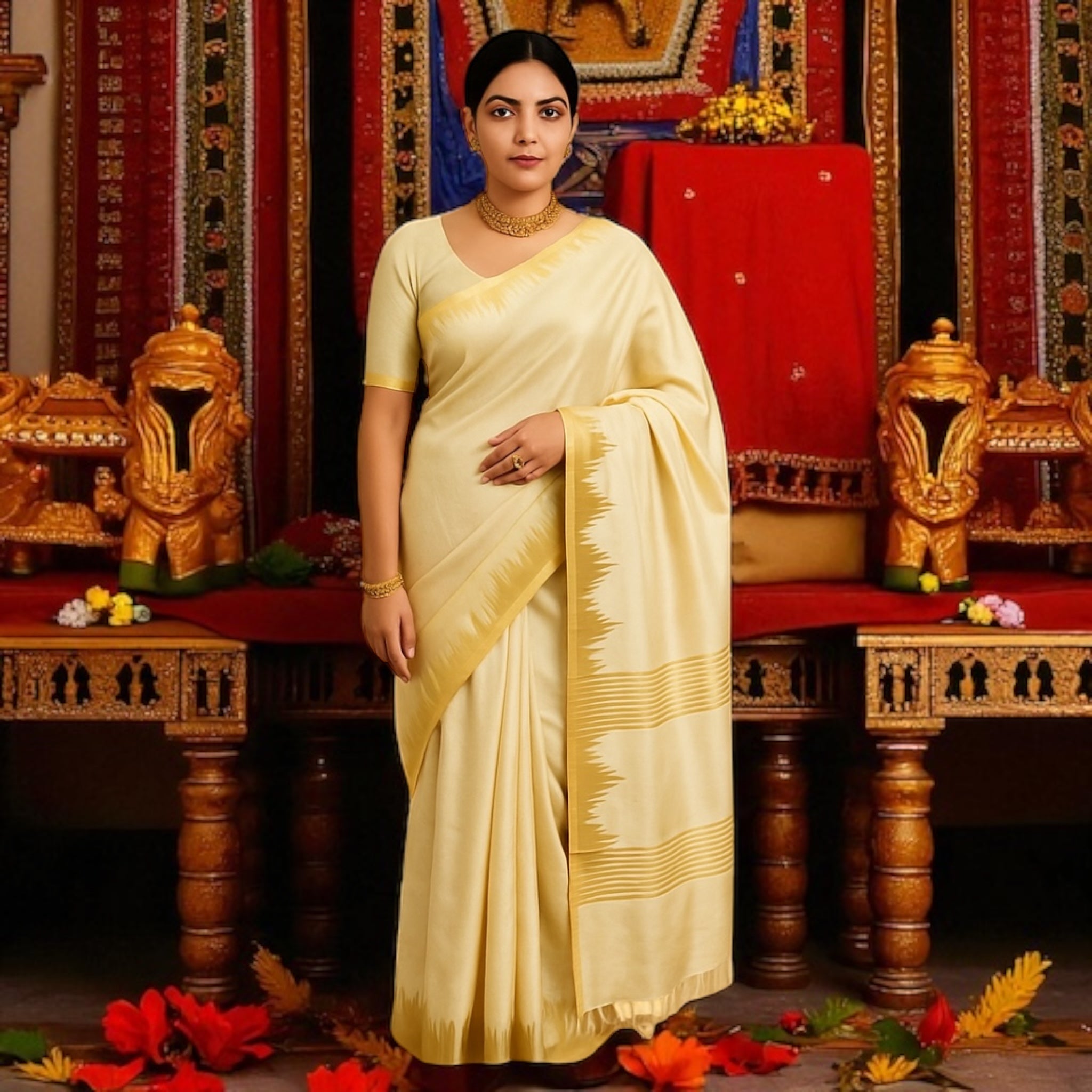 Kerala Kasavu Golden Tissue Plain Saree with Running Blouse | Saree length: 6.25 Meters | Blouse: unstitched material included