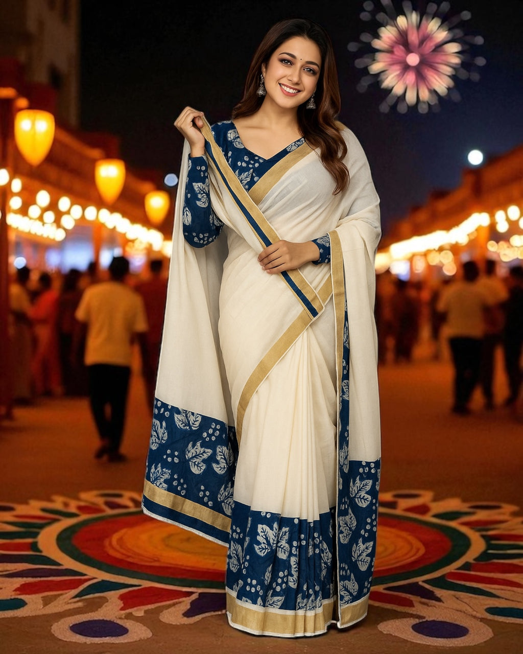 Onam Special Plain Linen Kerala Kasavu Saree with Digital Print (Blue)