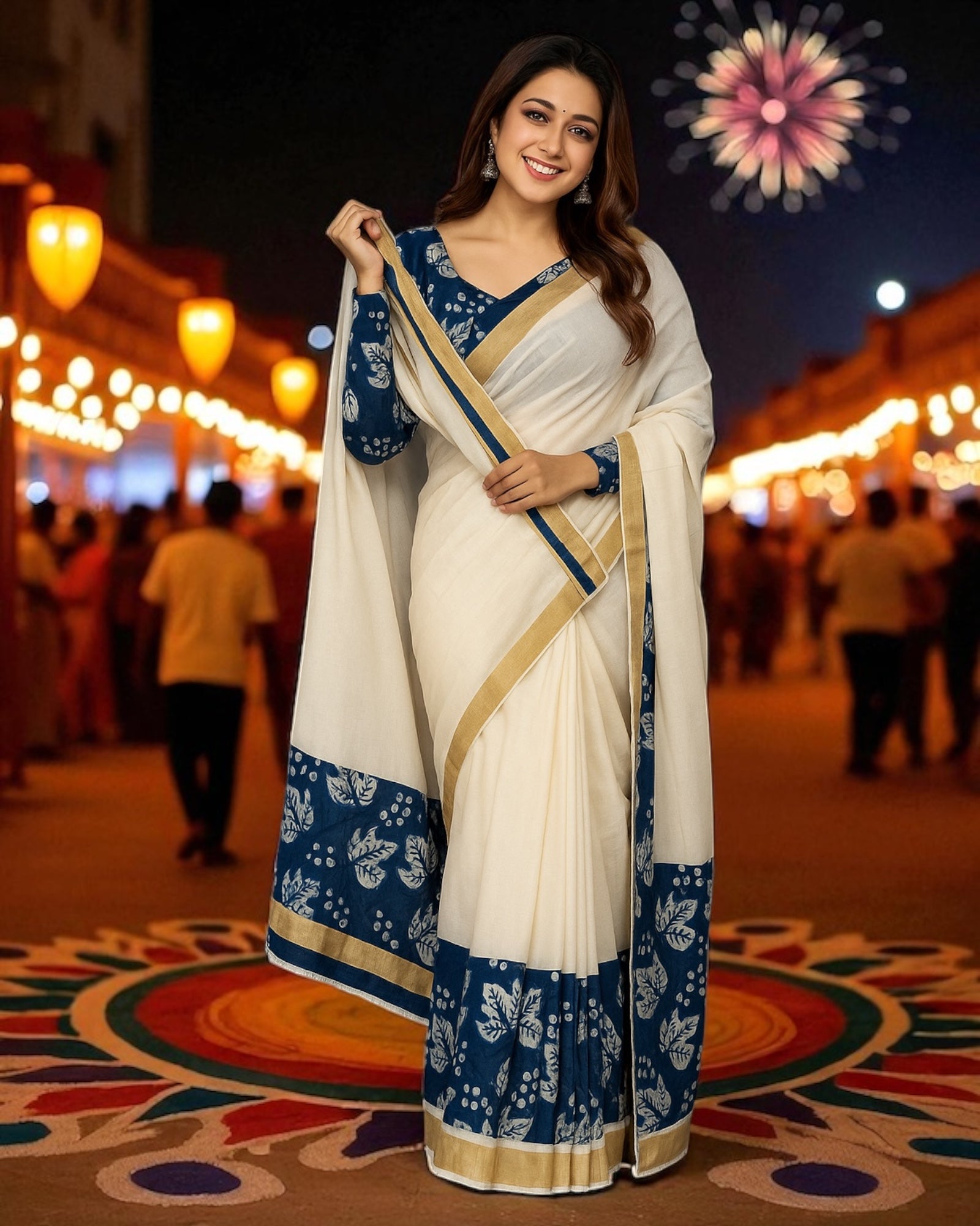 Onam Special Plain Linen Kerala Kasavu Saree with Digital Print (Blue)