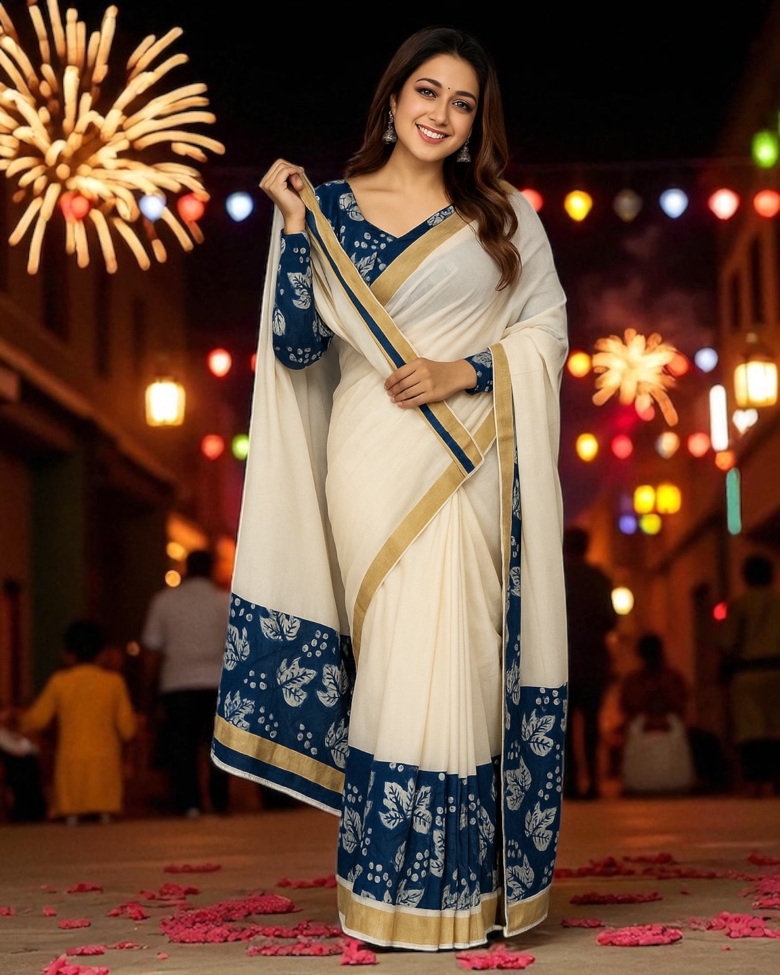 Onam Special Plain Linen Kerala Kasavu Saree with Digital Print (Blue)
