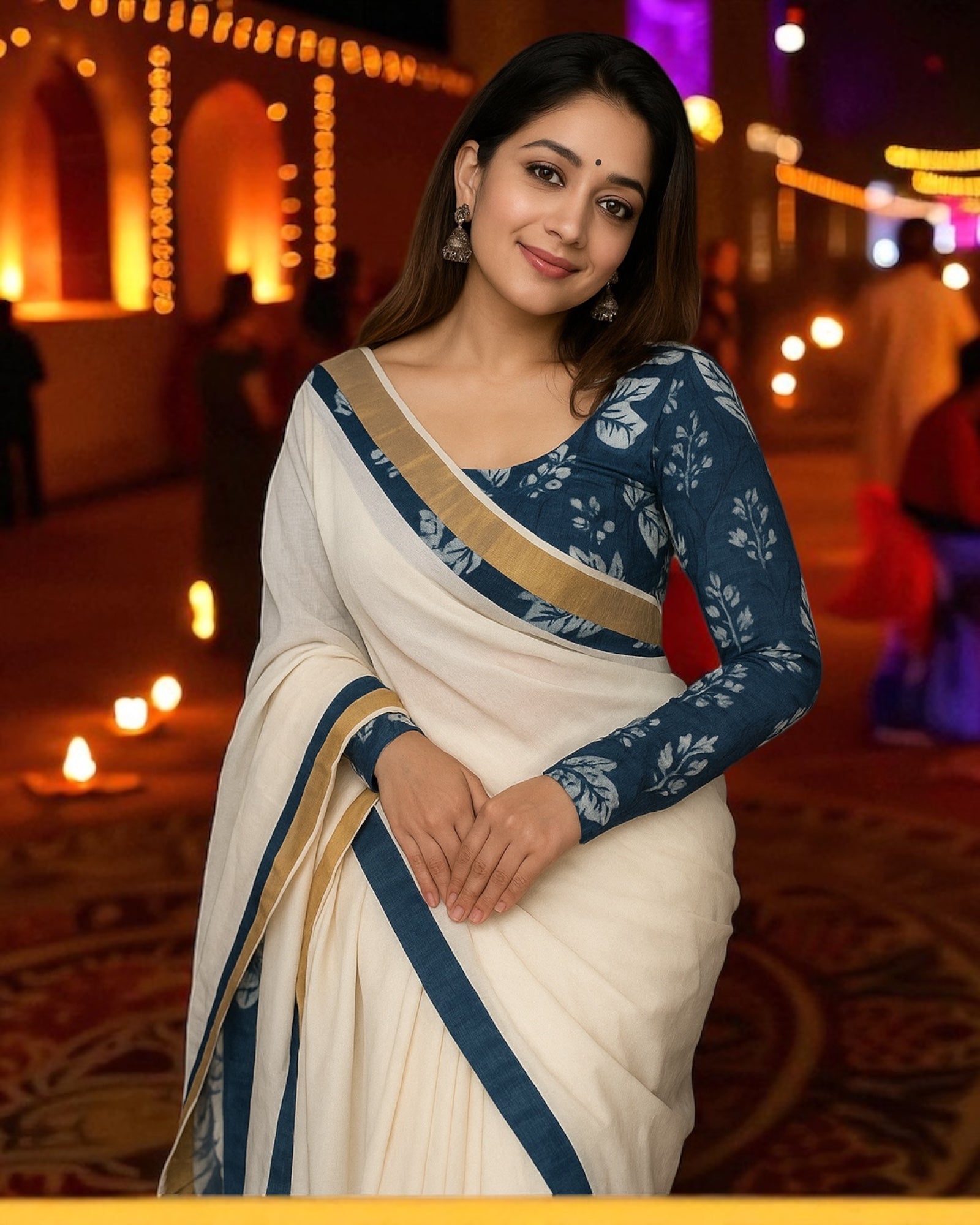 Onam Special Plain Linen Kerala Kasavu Saree with Digital Print (Blue)