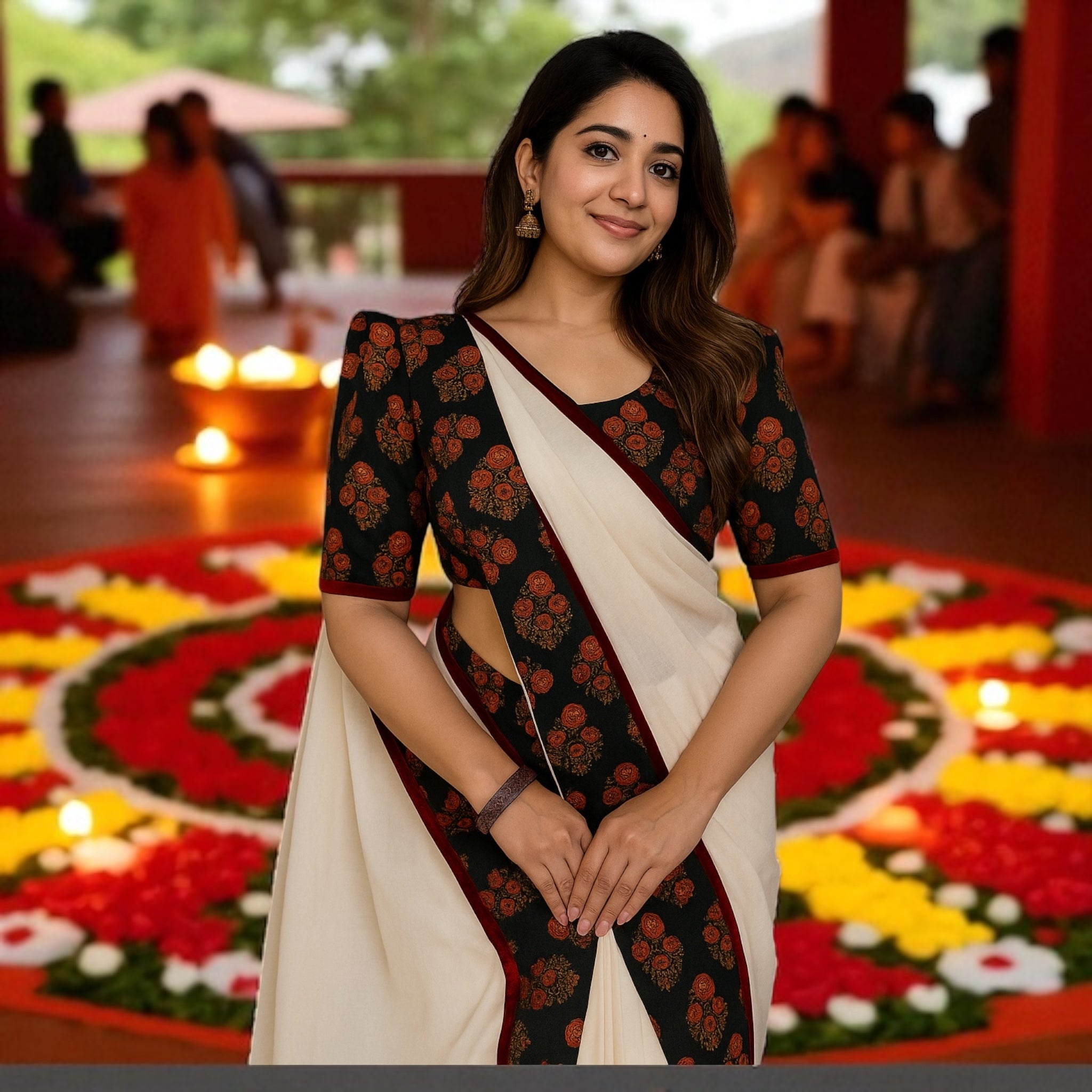 Onam Special Plain Linen Kerala Kasavu Saree with Digital Print (RedBrown)