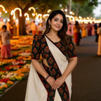 Onam Special Plain Linen Kerala Kasavu Saree with Digital Print (RedBrown)