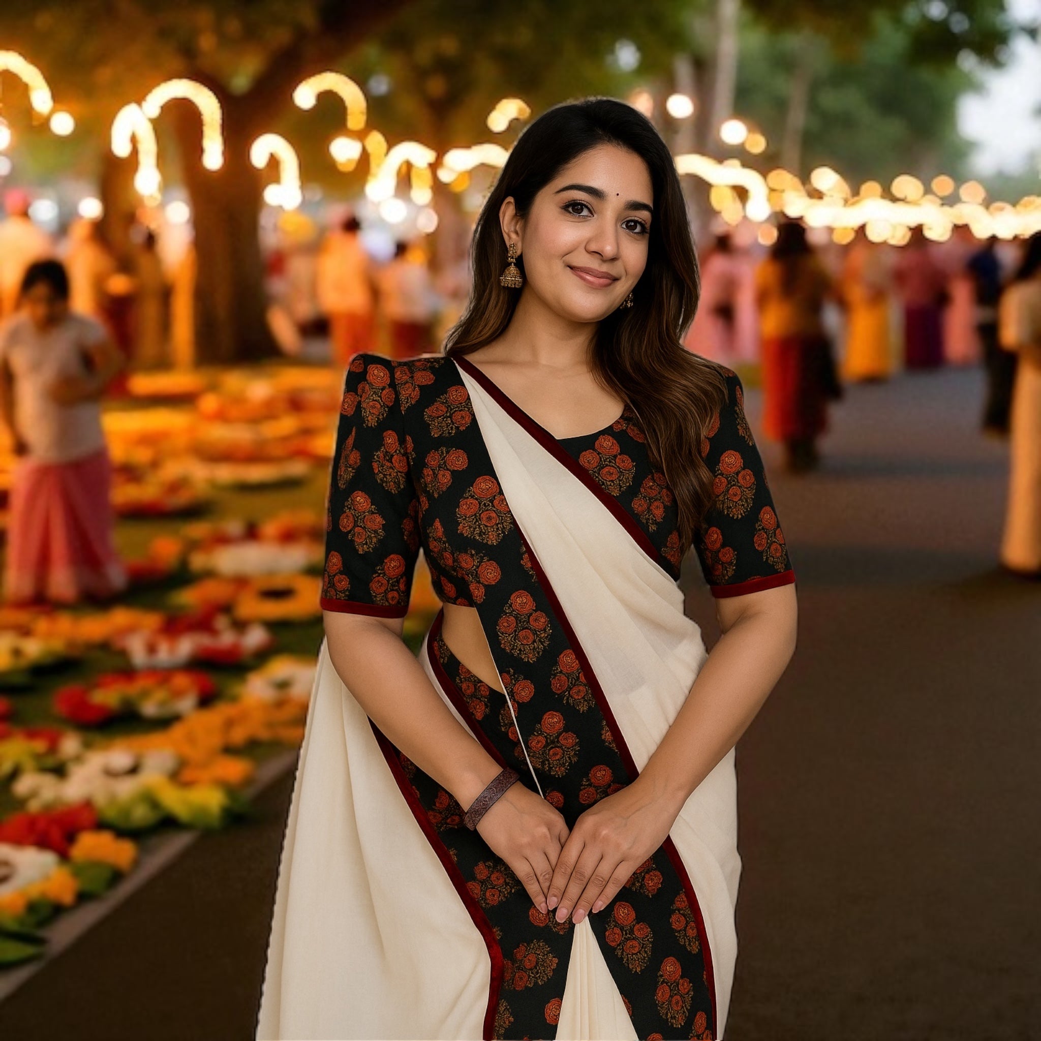 Onam Special Plain Linen Kerala Kasavu Saree with Digital Print (RedBrown)