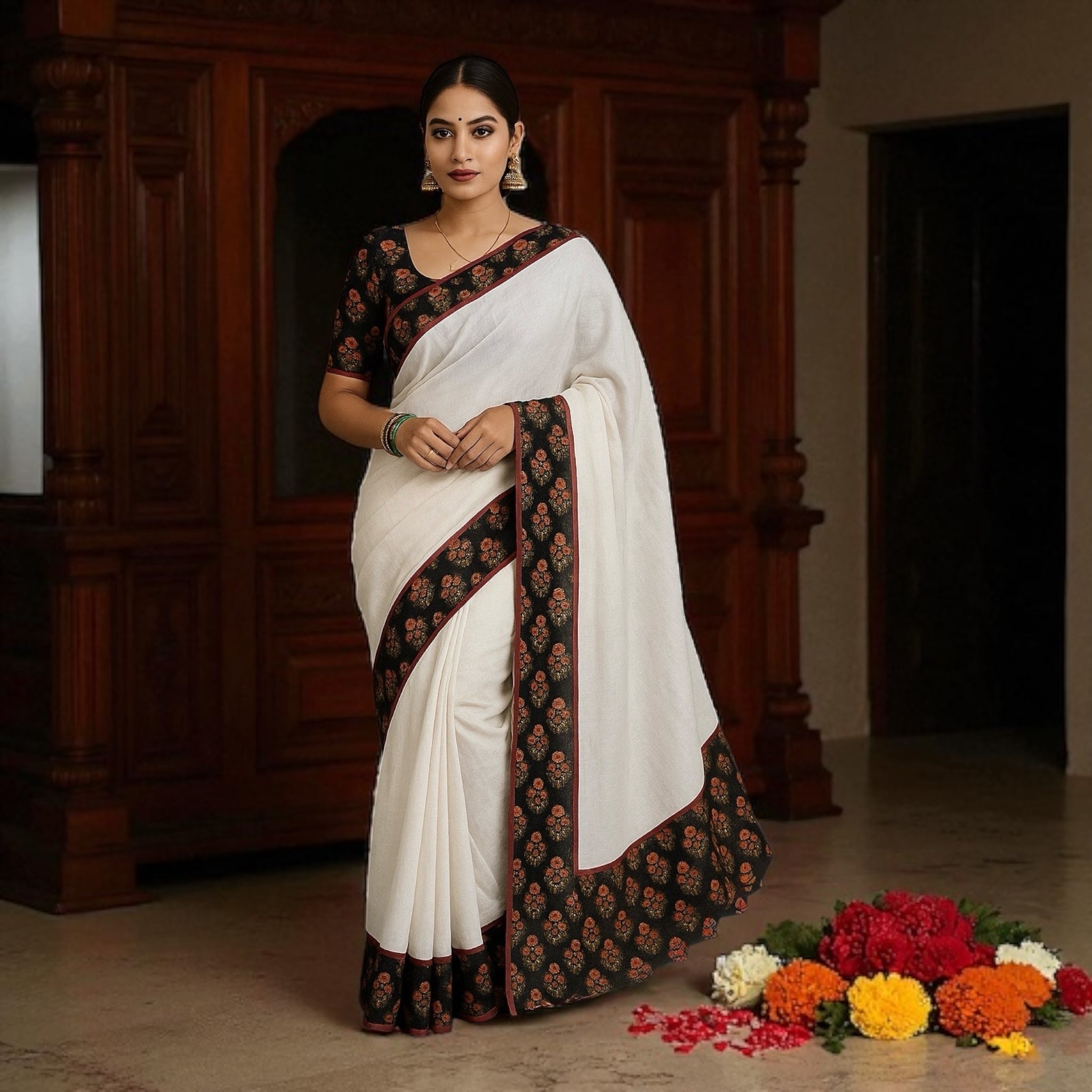 Onam Special Plain Linen Kerala Kasavu Saree with Digital Print (RedBrown)