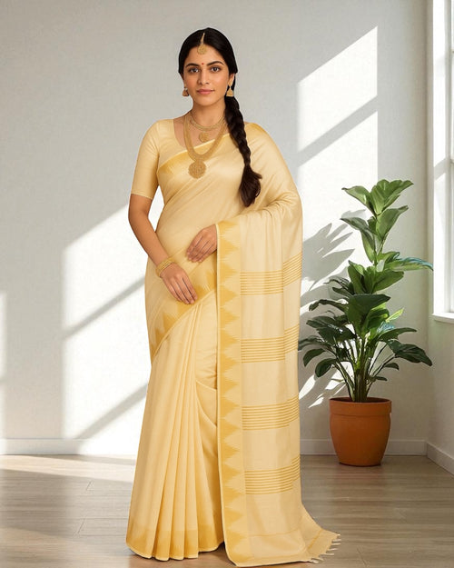 Kerala Kasavu Golden Tissue Plain Saree with Running Blouse | Saree length: 6.25 Meters | Blouse: unstitched material included