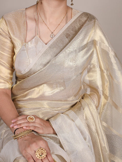 Golden Tissue Plain Kasavu Saree with Running Blouse | Saree length: 6.25 Meters | Blouse: unstitched material included