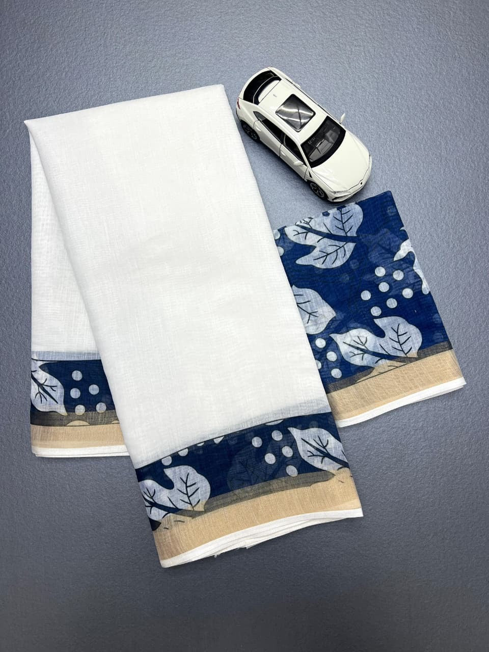Onam Special Plain Linen Kerala Kasavu Saree with Digital Print (Blue)
