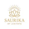 Gold logo of Saurika by Levitate with a lotus flower design on a white background